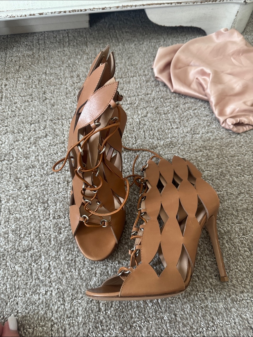 Gianvito Rossi Tan Woven Lace-Up Stiletto Sandals